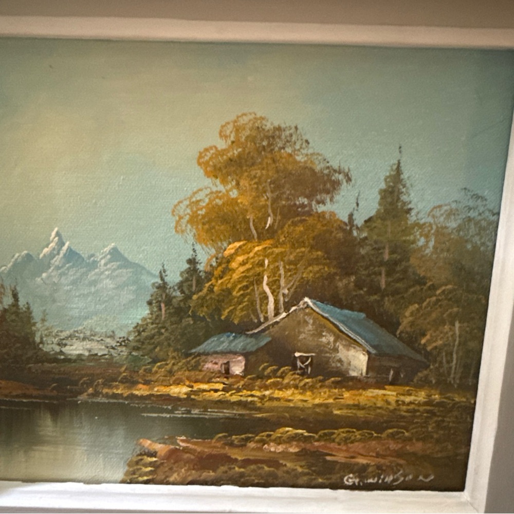 Vintage Signed Oil Painting Blue and Green Mountain Lake Cottage Oil Painting - Picture 8 of 8
